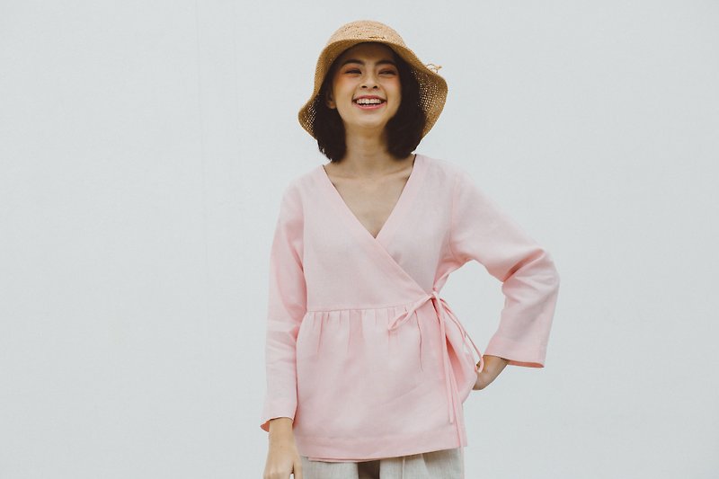 Linen Wrap top with Long sleeves in Cherry Blossom - เสื้อผู้หญิง - ผ้าฝ้าย/ผ้าลินิน สึชมพู