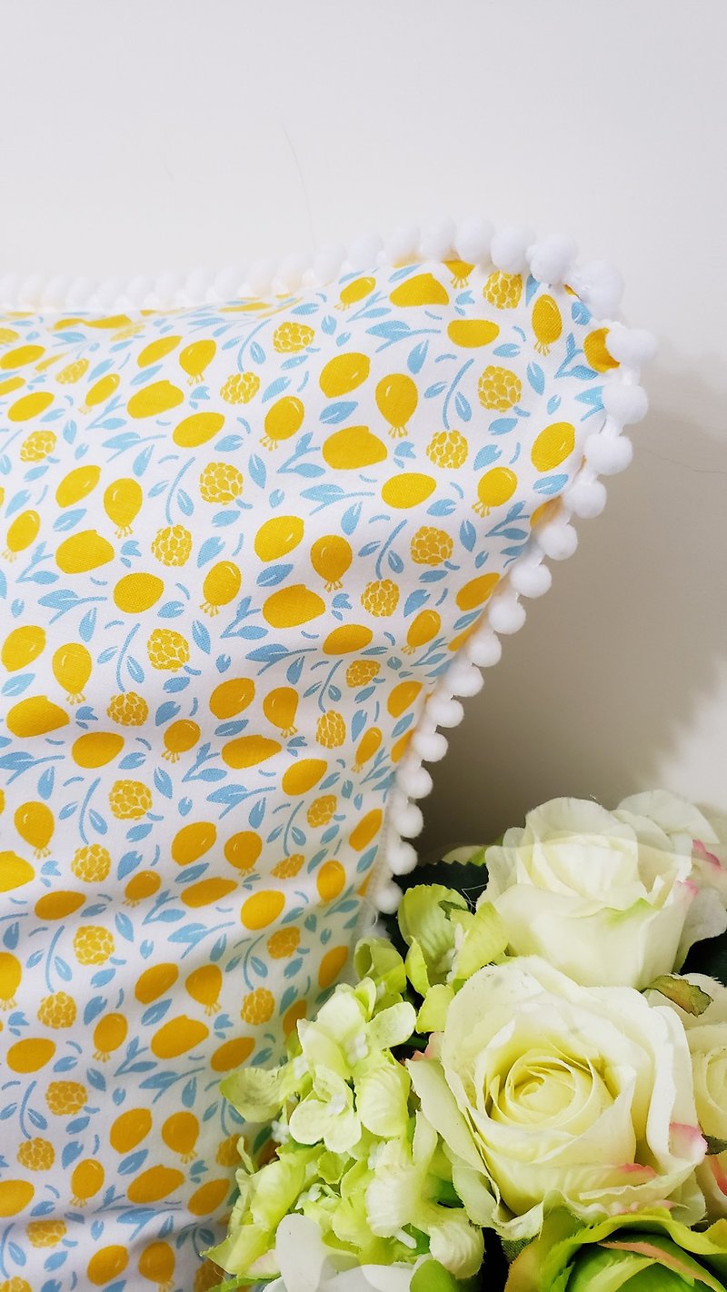 Nordic style cute yellow flowers light blue leaves white small fur ball lace style pattern pillow pillow cushion pillow - Pillows & Cushions - Cotton & Hemp Yellow