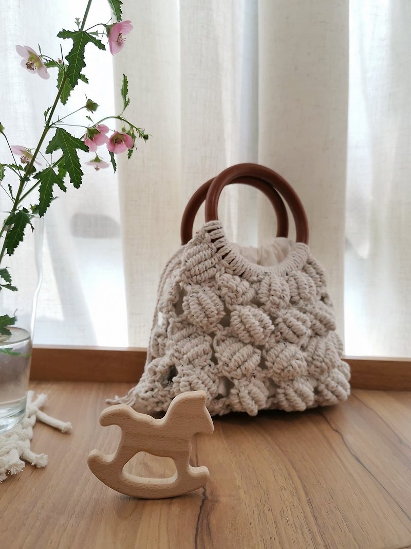 マクラメ編みバッグ（フルーツ柄ナッツ格子） - トート・ハンドバッグ - コットン・麻 多色