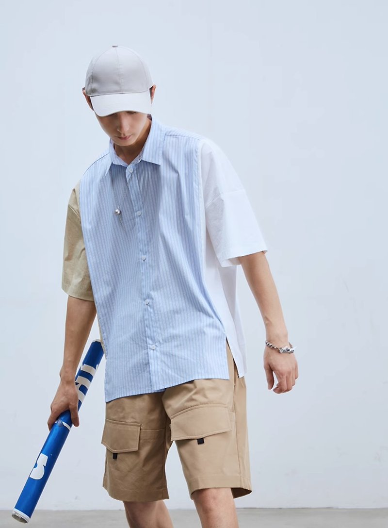 日系極簡 條紋寬鬆短袖襯衫 - 男裝 恤衫 - 棉．麻 藍色