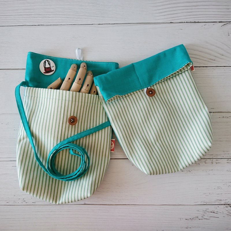 Contrasting color multi-layered Tote shoulder/cross-body bag-lake green - Messenger Bags & Sling Bags - Cotton & Hemp Green