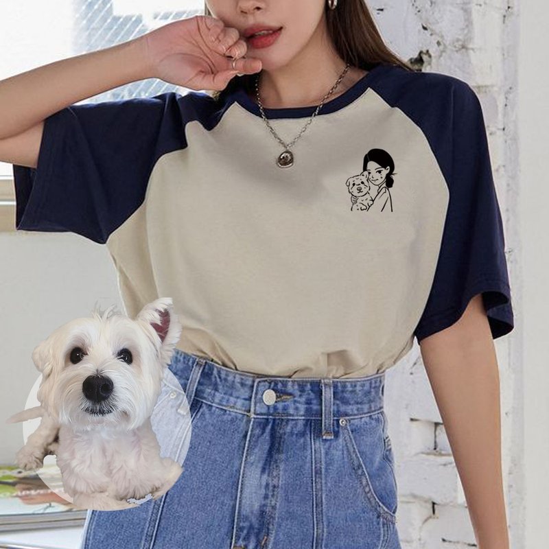 [Exclusive pet stylized hand-painted] Cute pet x Lines minimalist line American retro raglan T-shirt - Customized Portraits - Cotton & Hemp White