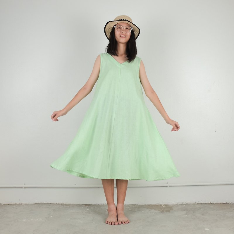 A-dress Linen Fabric (Lime) - 連身裙 - 棉．麻 綠色
