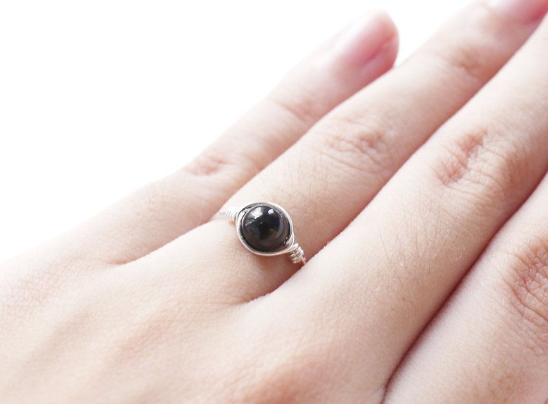 6mm黑碧璽銅線戒  銀色  電氣石 - 戒指 - 寶石 黑色