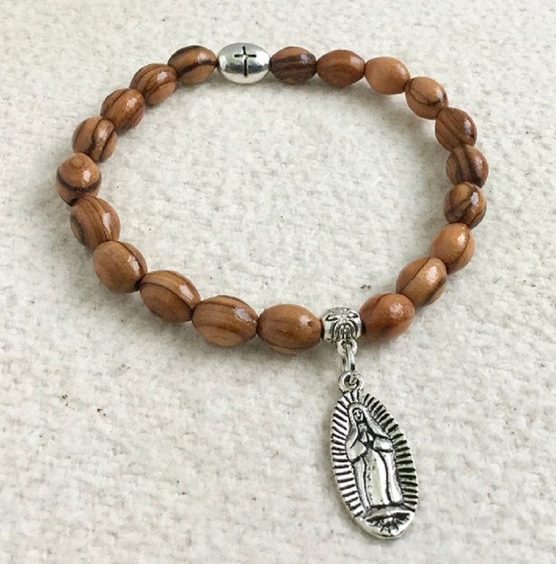 以色列進口橢圓形橄欖木系列手工念珠手環聖母聖牌(8mm) 8250832 - 手鍊/手環 - 木頭 咖啡色
