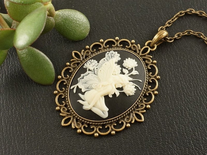 Fairy Girl Cameo Victorian Epoch Ivory on Black Cameo Pendant Necklace Jewelry - Necklaces - Other Materials Black