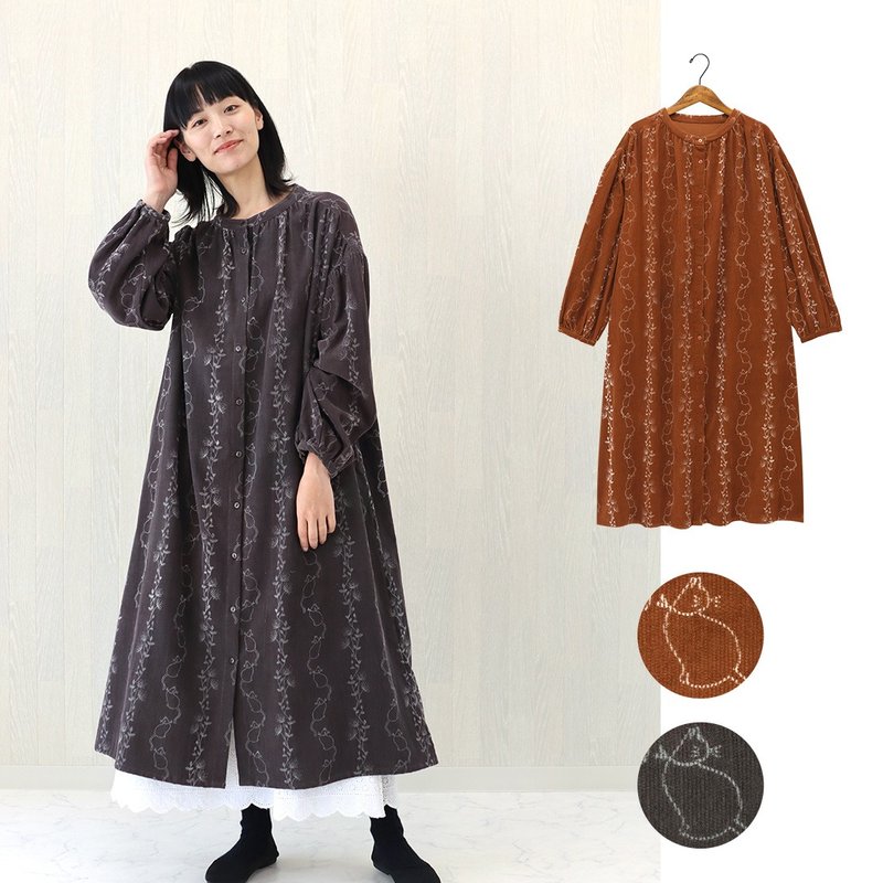 [Pre-order] Cute cat print corduroy long dress made in India - กระโปรง - ผ้าฝ้าย/ผ้าลินิน สีเทา