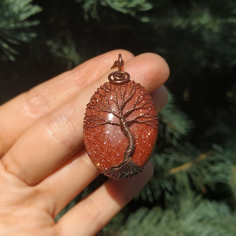 Brown Goldstone Tree Of Life Wire Wrapped Pendant, Birthday Gift for him/ her - 項鍊 - 其他金屬 咖啡色
