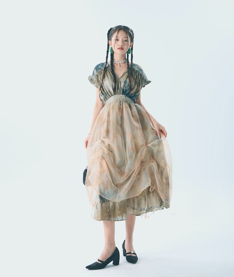 渦巻くヴィンテージオーガンジー半袖ドレス - ワンピース - その他の素材 多色