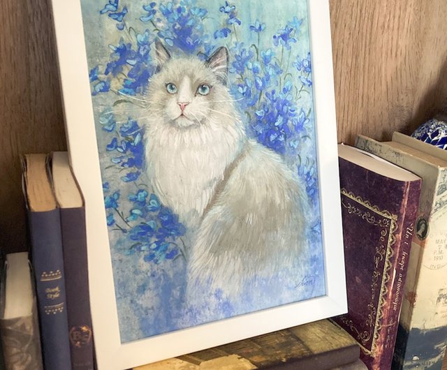 猫と青い花】-動物 デルフィニウム 原画 original painting - ショップ