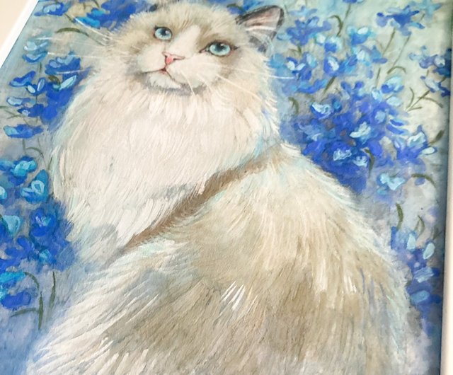 猫と青い花】-動物 デルフィニウム 原画 original painting - ショップ