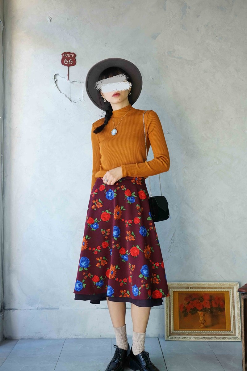 Designer Handmade - Vintage Floral Wine Red Tiered A-line Skirt - กระโปรง - เส้นใยสังเคราะห์ สีแดง