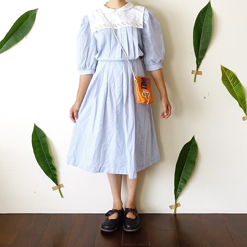 BajuTua /古著/ 80's 美國鄉村風 蕾絲粉藍色格紋澎澎袖洋裝 - 洋裝/連身裙 - 棉．麻 藍色