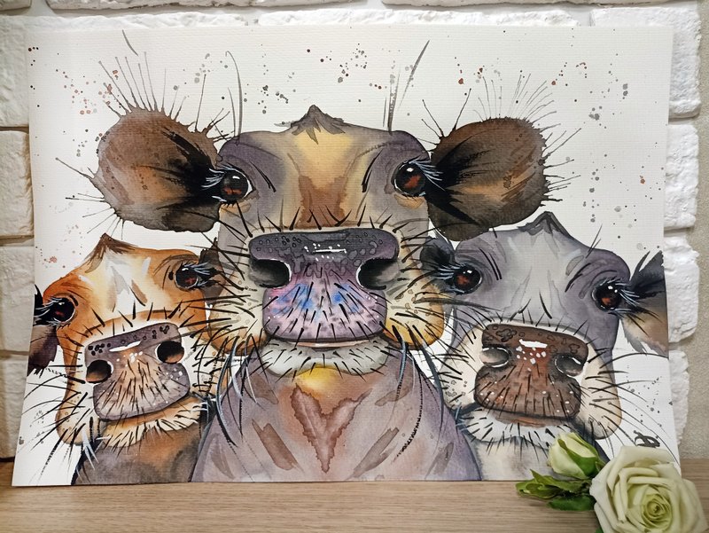 Watercolor original 3 cow room decor animal painting art by Anne Gorywine - 壁貼/牆壁裝飾 - 紙 銀色
