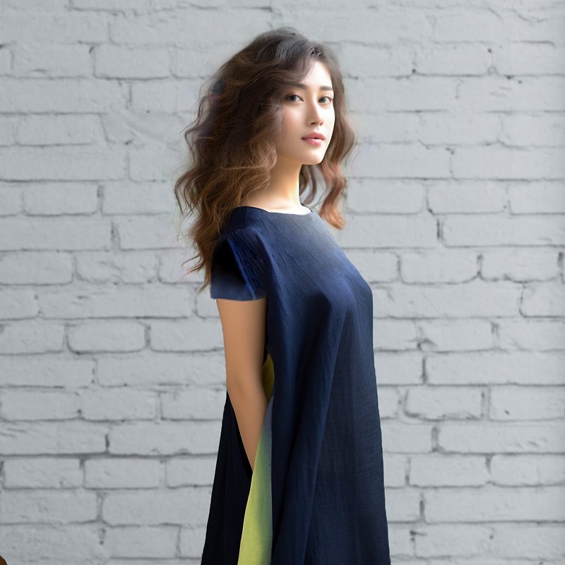 リネン・ネイビーブルー・グラデーション・パラキートのサイドタック・ワンピース フレンチスリーブ AP16 - 洋裝/連身裙 - 棉．麻 藍色