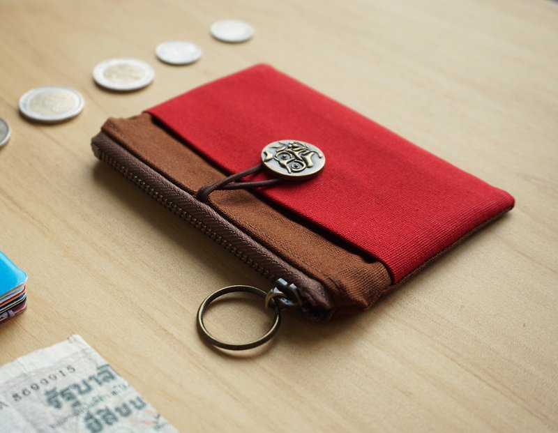 Le Mignon Wallet– 小錢包– 咖啡色vs.紅色(貓頭鷹) - 布作 - 銀包 - 棉．麻 紅色