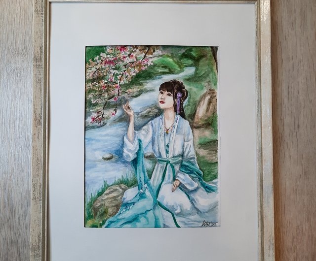 女性の絵 水彩画 原画 花桜アート オリエンタル - ショップ AsheArt