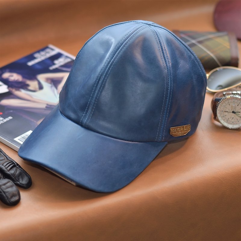 Leather Baseball Cap Oil Wax Cow Leather Layer Leather Hat Blue/Brown Old Hat - หมวก - หนังแท้ สีน้ำเงิน