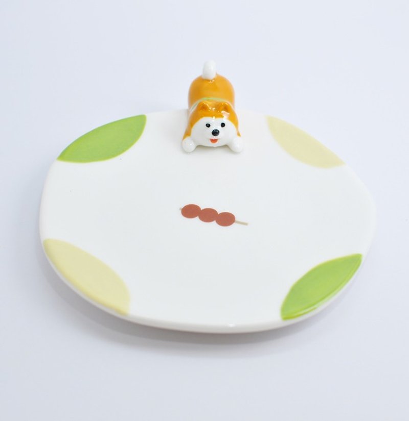 【Japan Decole】 concombre Dessert time tray / dim sum dish / small dish / jewelry plate ★ Chai dog pattern - จานเล็ก - ดินเผา สีเขียว