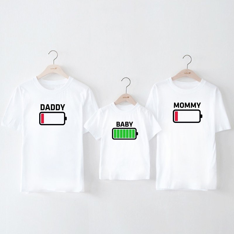 DADDY MOMMY BABY 爸爸 媽媽 寶貝 電池能量 短袖T恤 白色 親子