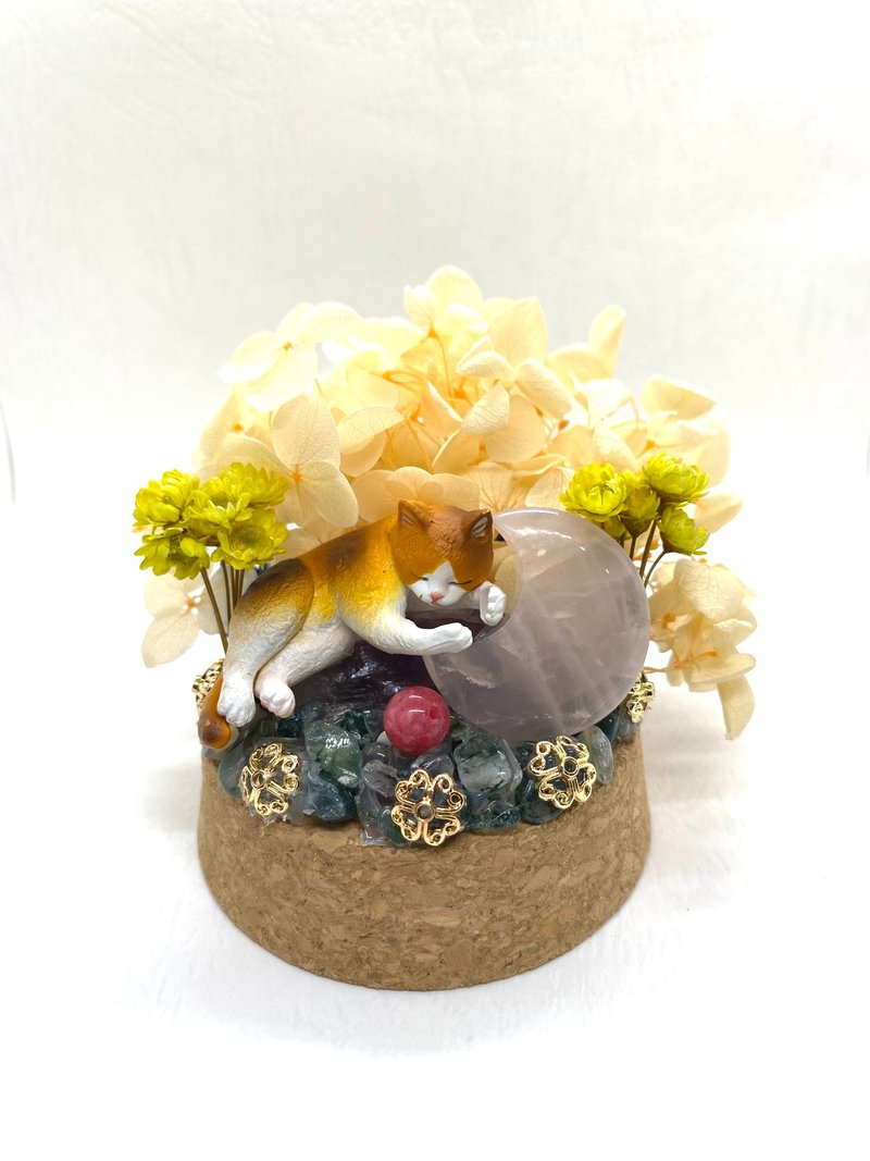 Cat and Rose Quartz Moon/Amethyst/ Stone-Crystal Doll Dried Flower Decoration - ของวางตกแต่ง - คริสตัล 