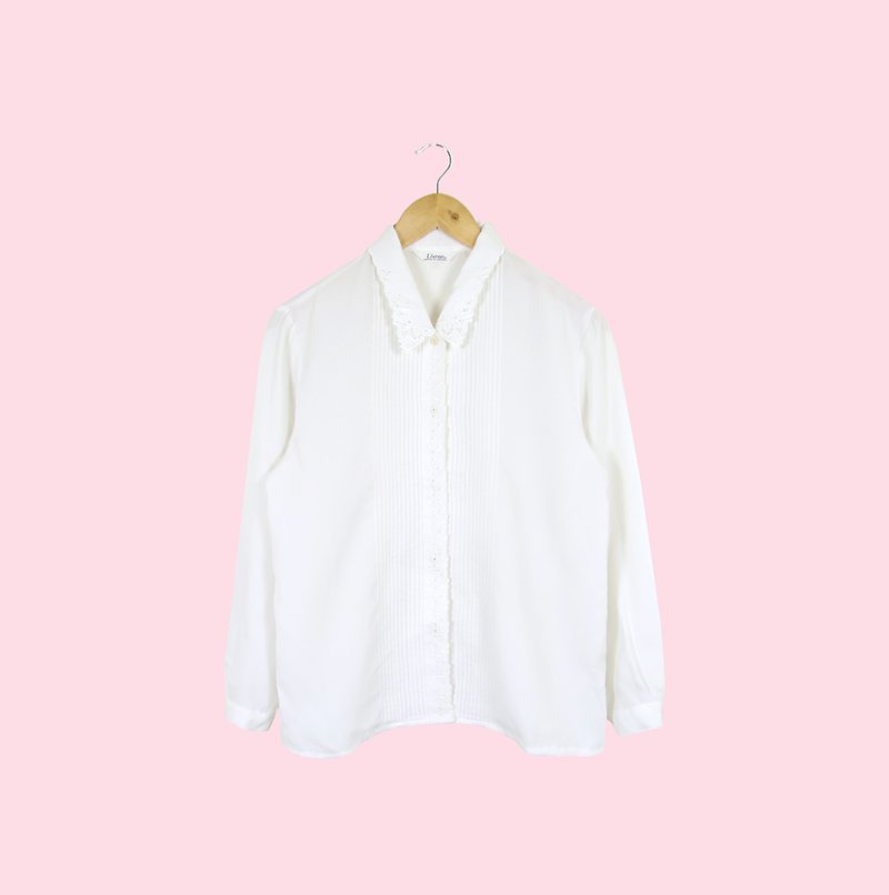 戻る細かいストライプのグリーン::日本の白いシルクのシャツの襟詳細な構成にヴィンテージ（JS-08） - シャツ・ブラウス - シルク・絹 ホワイト