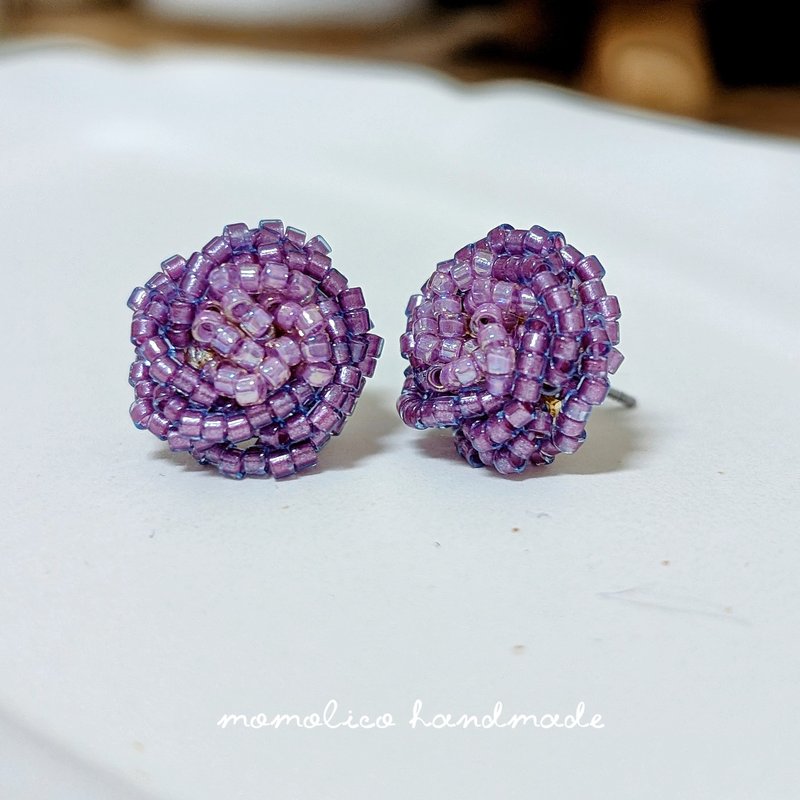 鉤針 串珠 編織   耳環 結球玫瑰 紫光 - 耳環/耳夾 - 其他材質 紫色