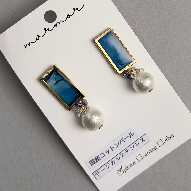 Rectangular Blue Ink Art Earrings with Japanese Cotton Pearl & Czech Beads - Earrings & Clip-ons - Resin Blue