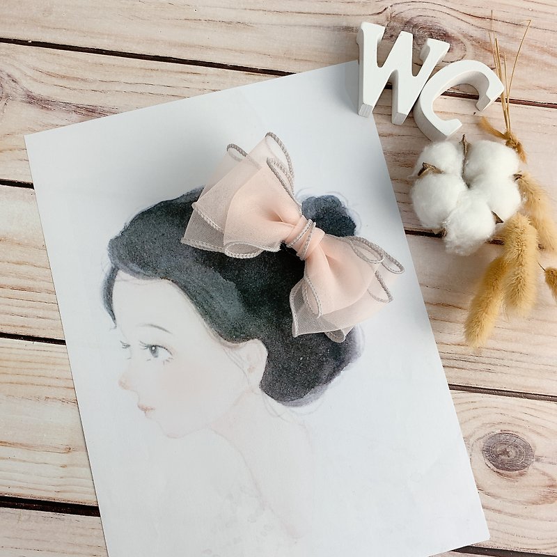W & C Handmade || 咘 咘. Pony Girl || Light Pink Orange + Silver Grey Mesh Big Bow Hair Clip - Baby Accessories - Other Materials Multicolor