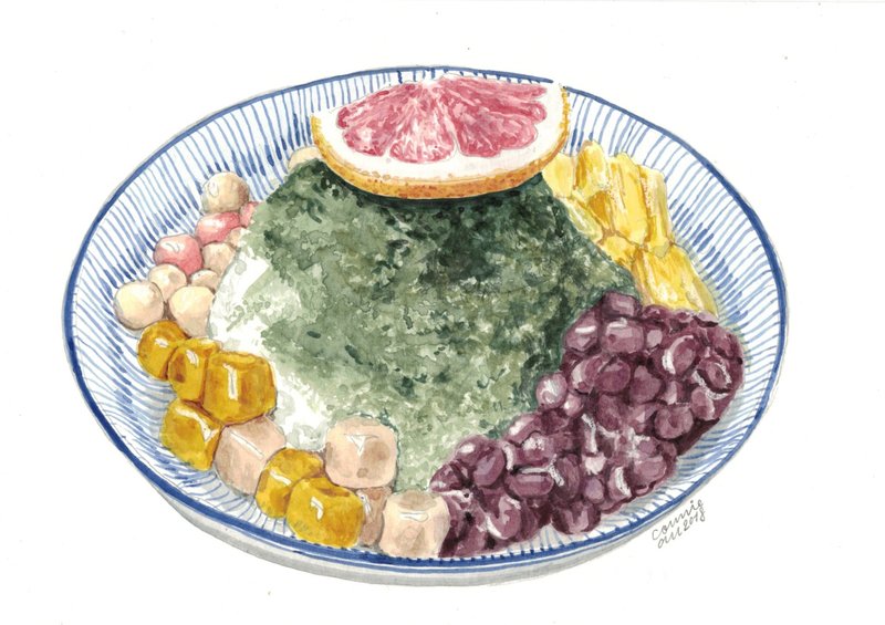 水彩画 原稿作品 (a5) - 绿茶红豆芋圆锉冰