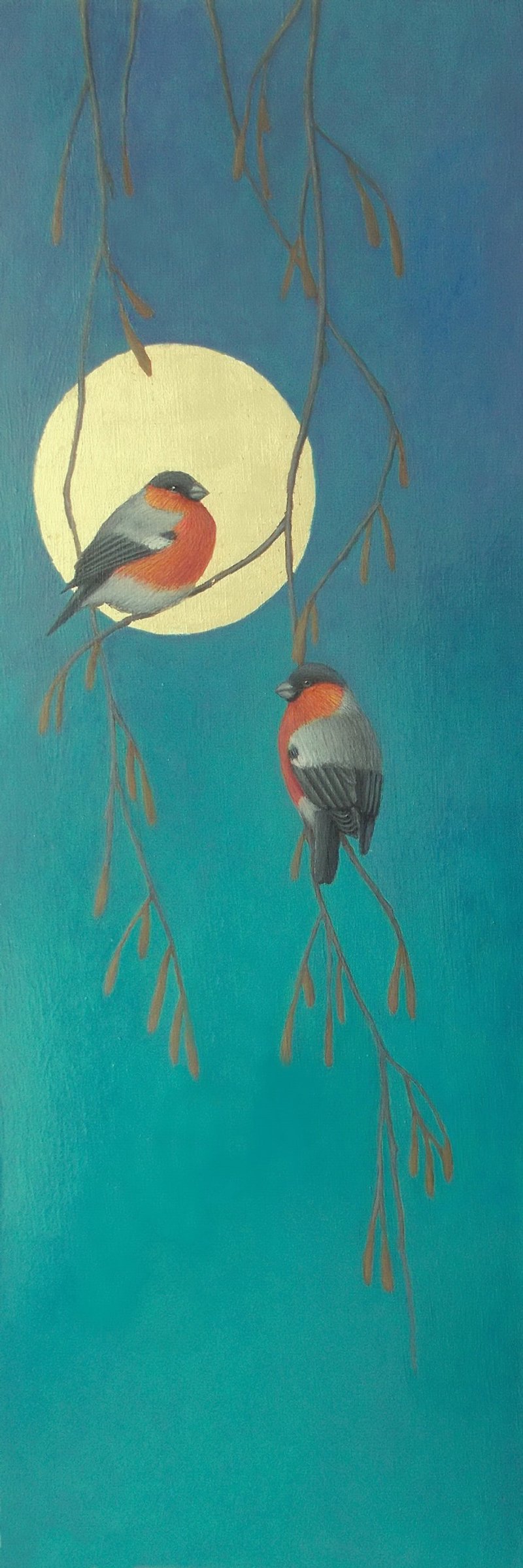 Original painting birds Emerald green painting Pair of bullfinches Gold leaf art - Wall Décor - Linen Multicolor