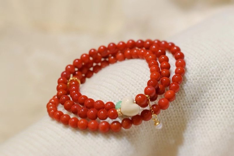 Nanhong original natural Sichuan material Nanhong multi-circle bracelet with mammoth heart jadeite pearl play bracelet - สร้อยข้อมือ - หยก 