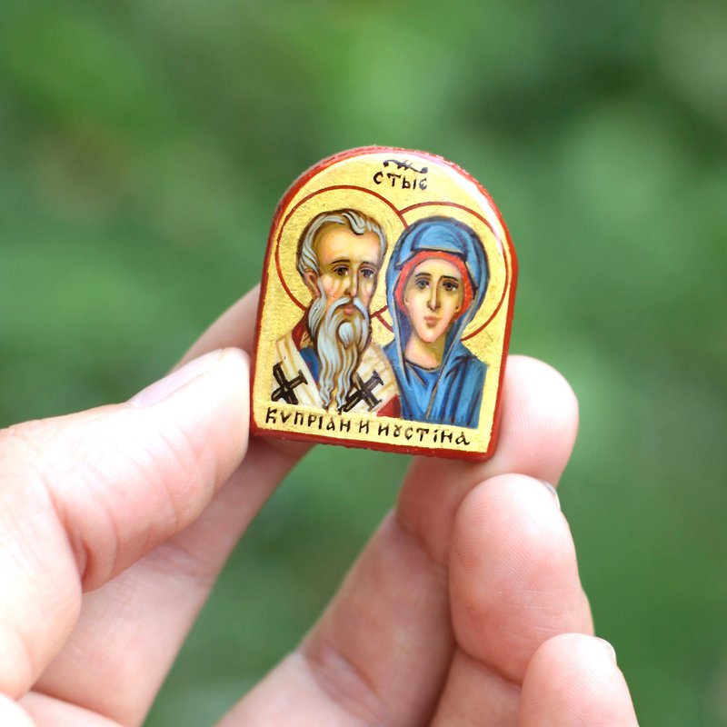 hand painted orthodox wood icon saint Holy Great Martyrs Cyprian and Justina - 其他 - 木頭 綠色