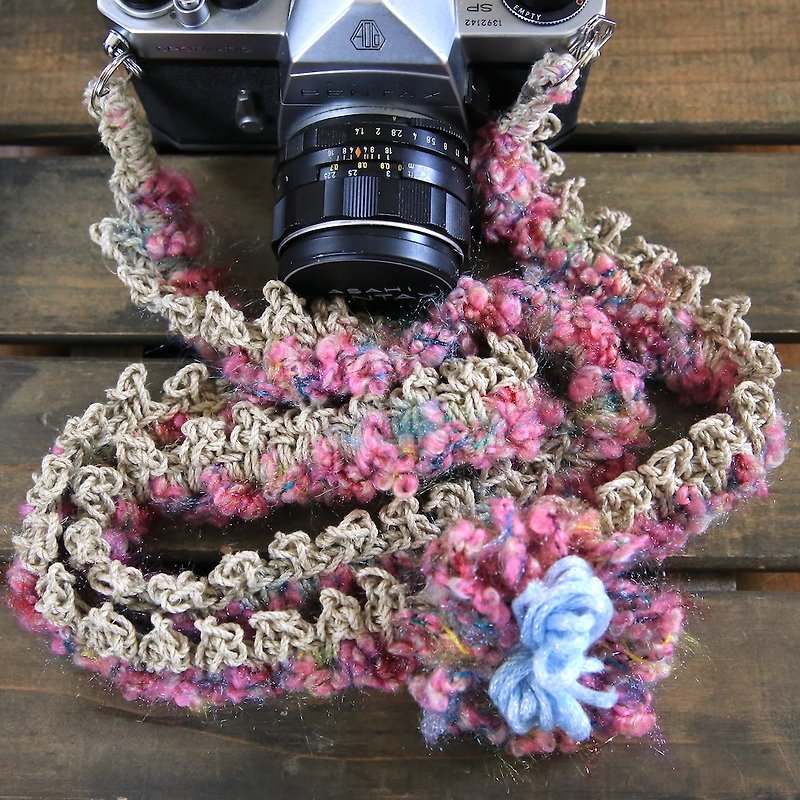 ループヤーンの麻紐ヘンプカメラストラップ/2重リング - 相機背帶 - 棉．麻 粉紅色
