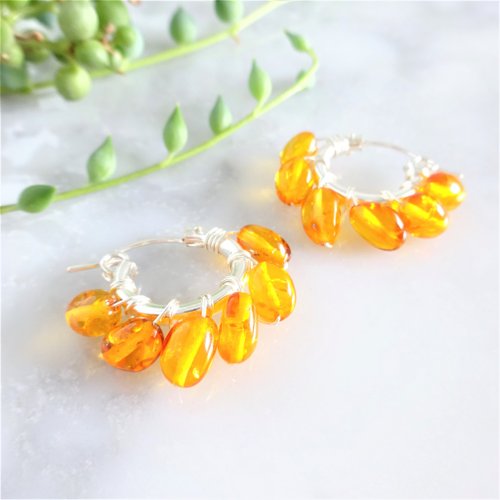 SV925SF*天然琥珀Baltic Amber wrapped pierced earring/earring - ショップ marina  JEWELRY ピアス・イヤリング - Pinkoi