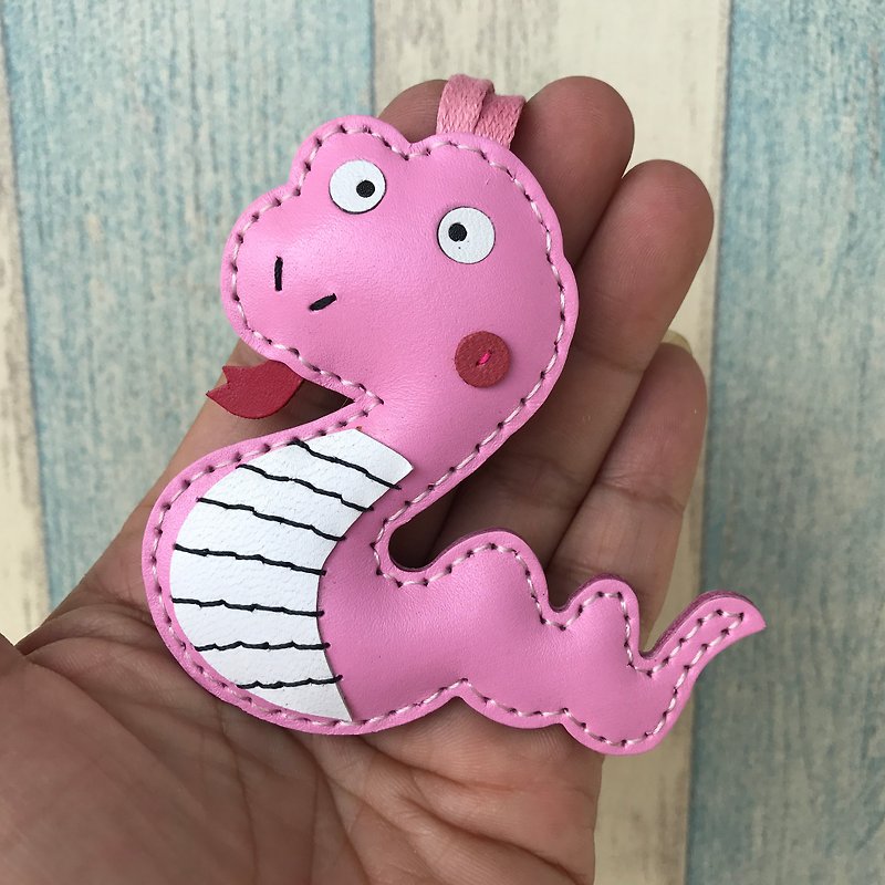 Leatherprince Handmade Leather Taiwan MIT Pink Cute Snake Hand-sewn Leather Charm Small size small size - Keychains - Genuine Leather Black
