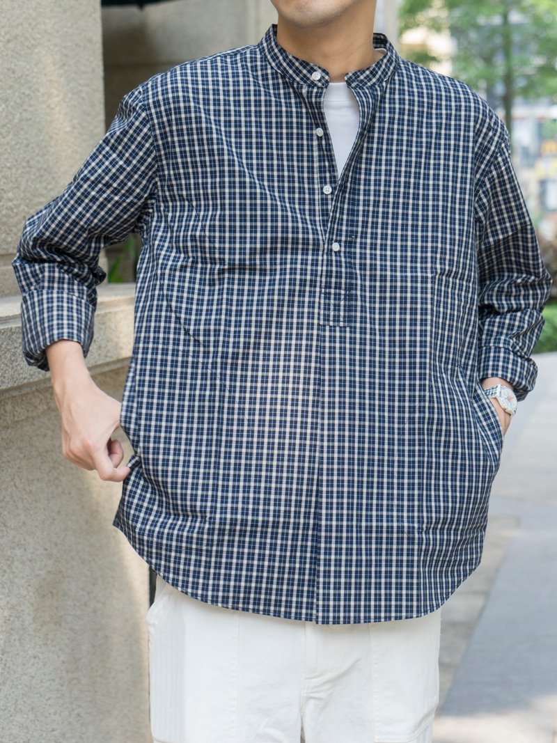 SHIRTS 日系休閒格子襯衫 寬鬆立領口袋設計 日常通勤搭配 - 男襯衫/休閒襯衫 - 棉．麻 藍色