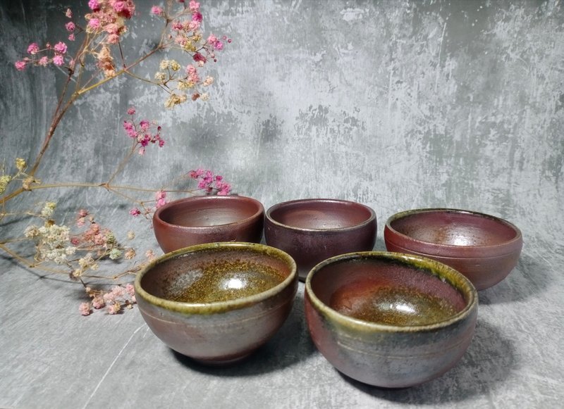 【免運】柴燒精緻手工茶杯五入-祈福系列3/良田 - 茶壺/茶杯/茶具 - 陶 