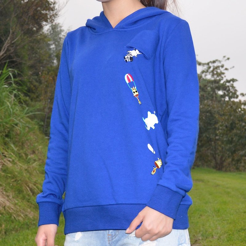 Left Chest Pocket With Animals Embroidered and Print Hoodie-Blue/Grey/Black - Women's Tops - Cotton & Hemp Blue