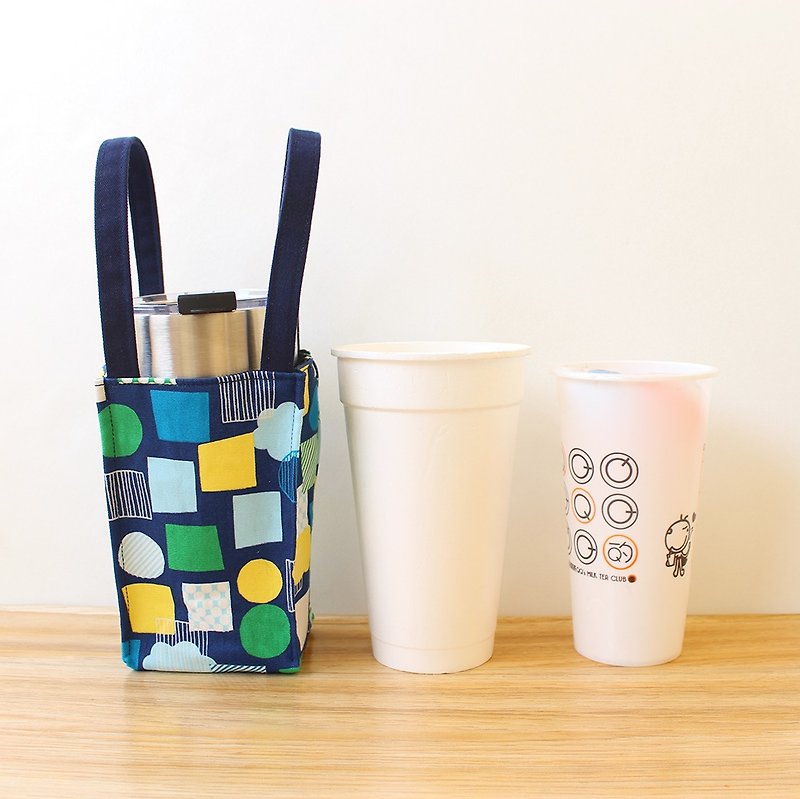 幾何圖案撞色-深色款飲料提袋(大) 環保杯袋 冰霸杯袋 - 杯袋/飲料提袋 - 棉．麻 