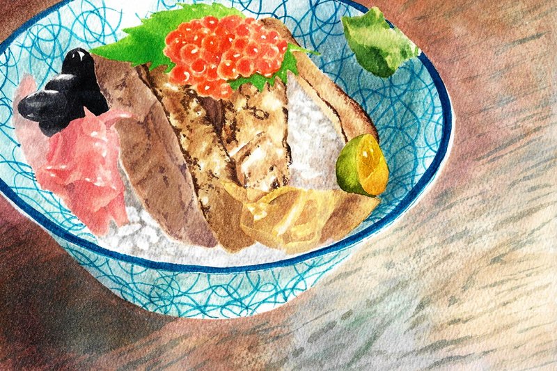 炙燒比目魚緣側丼－美食明信片/食物明信片/美食卡片/食物卡片 - 卡片/明信片 - 紙 藍色
