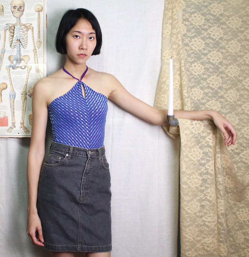 FOAK vintage blue and purple dotted embroidery shoulder top - Women's Vests - Polyester Blue