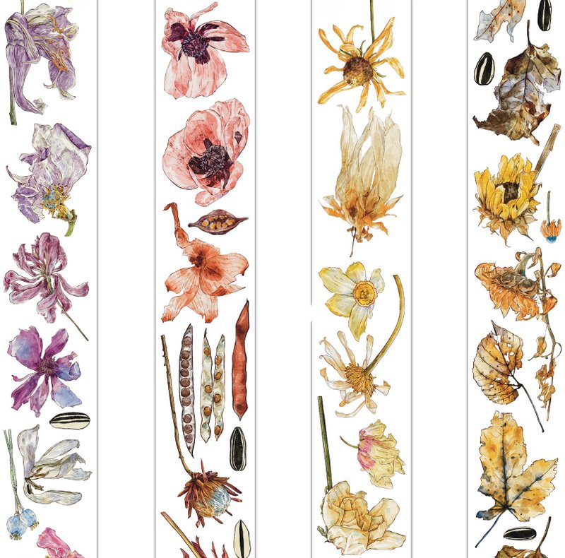 Colorful autumn plant illustration PET cut sticker roll and paper tape 5 meters roll (kiss-cut) - มาสกิ้งเทป - วัสดุอื่นๆ หลากหลายสี