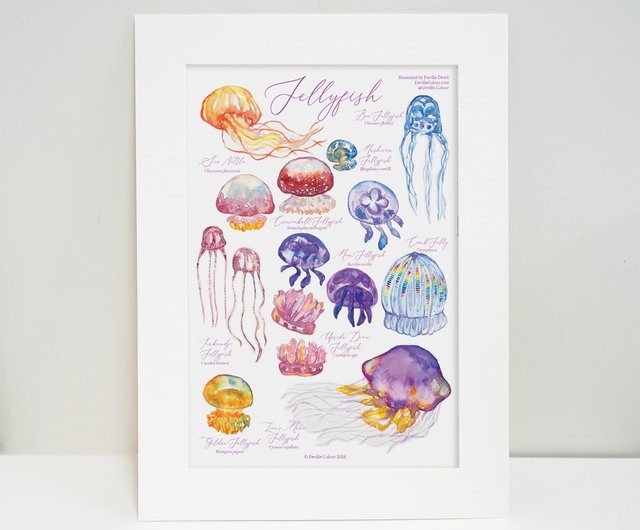 深海クラゲ】水彩イラスト A4アート紙複製画 額縁付き クラゲ