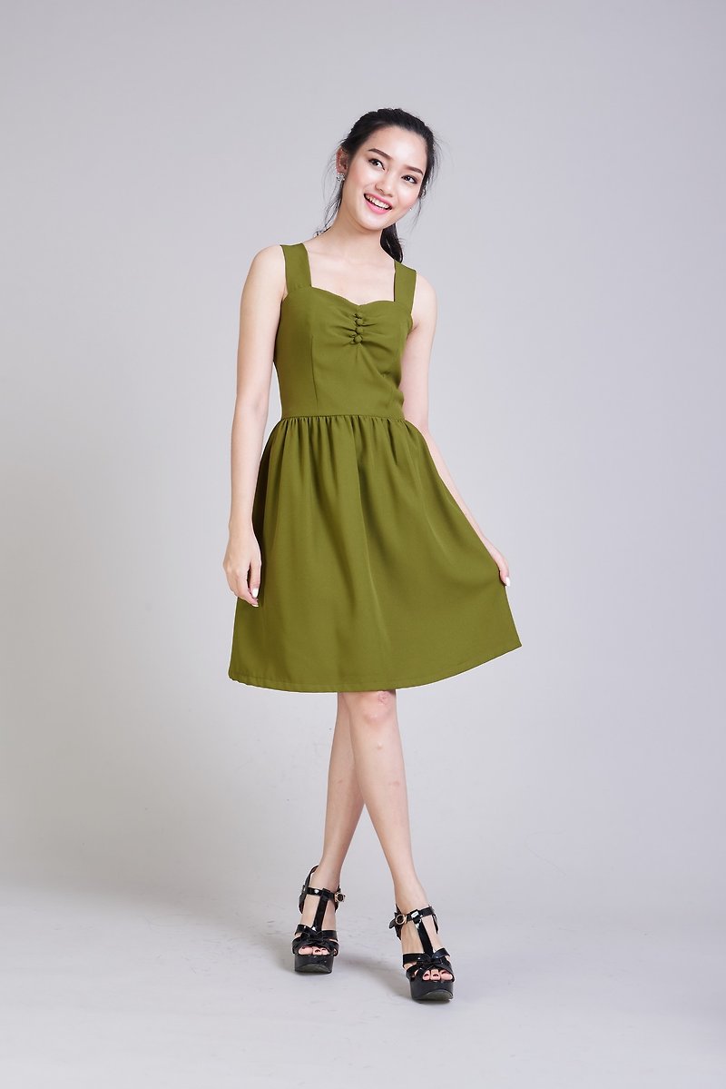 เดรสสายเดี่ยวกว้าง เดรสออกงานสีเขียวมะกอก  Shoulder Strap Dress เดรสไปงาน - ชุดเดรส - เส้นใยสังเคราะห์ สีเขียว