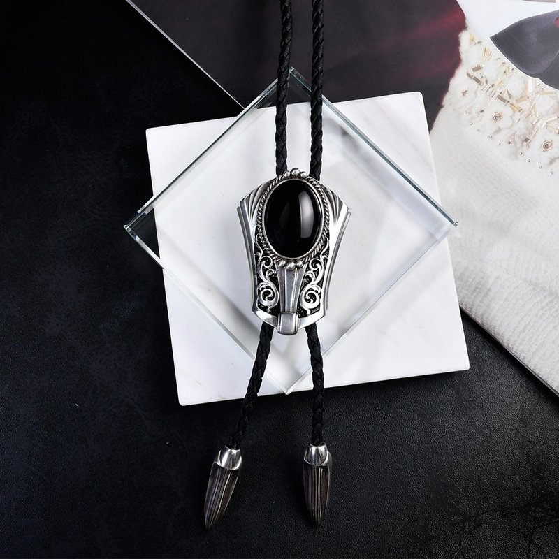 Retro Decorative Black Onyx Paul Tie Bolo Tie Leather Necklace Leather Cord Tie Long Necklace - เนคไท/ที่หนีบเนคไท - หนังเทียม สีเงิน