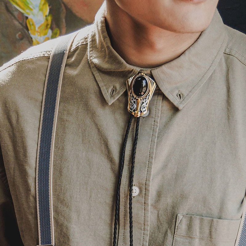 復古裝飾 黑瑪瑙 保羅領帶 Bolo Tie 皮革項鍊 皮繩領帶 長項鍊 - 領帶/領帶夾 - 人造皮革 銀色