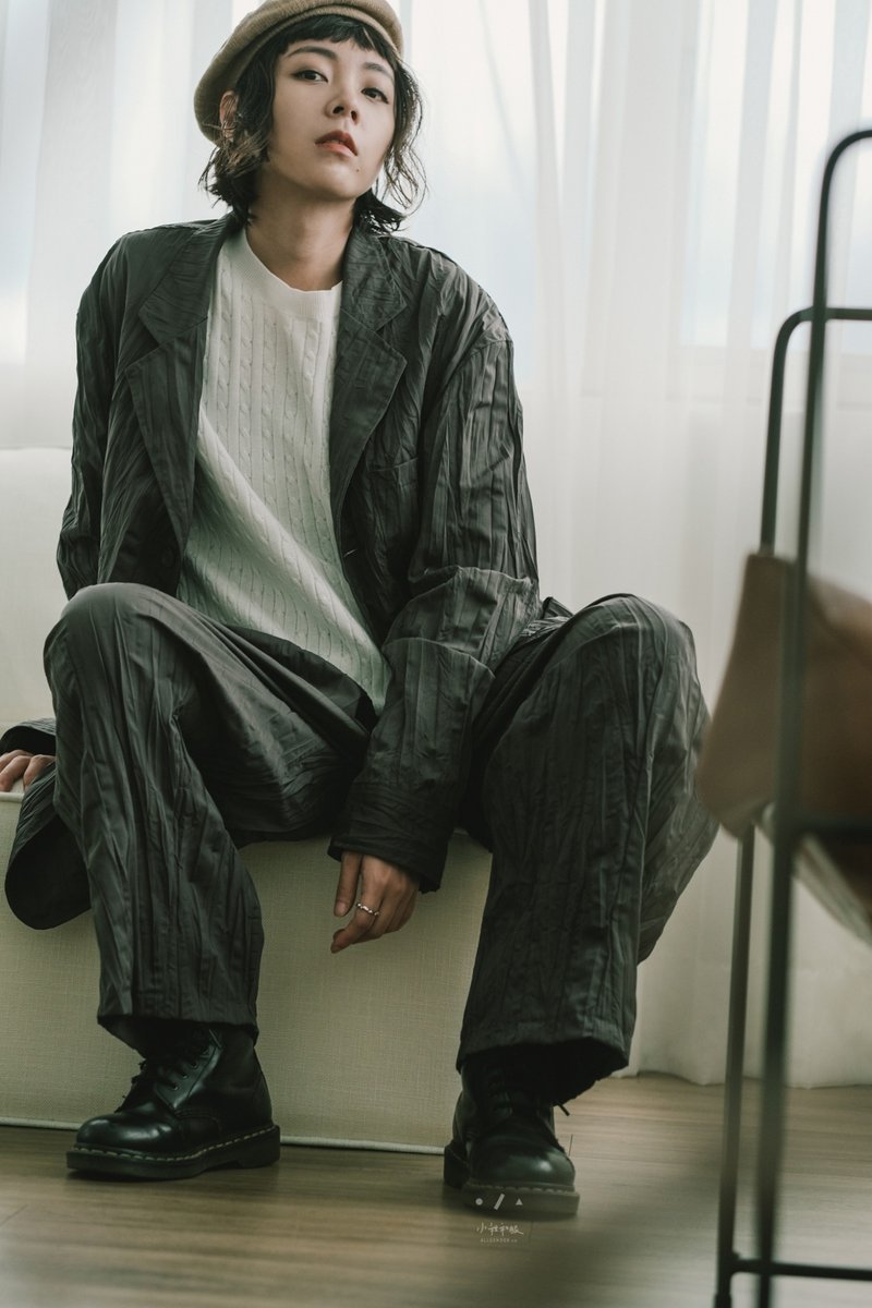 囂張皺褶寬鬆西裝套裝 中性正裝 - 女西裝外套 - 其他人造纖維 綠色