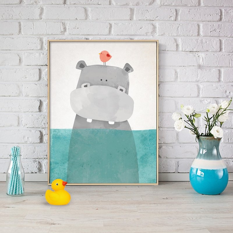 Bathing Hippo-Hippo Watercolor painting, Nursery Animal Painting, Kid Room - โปสเตอร์ - วัสดุอื่นๆ สีน้ำเงิน