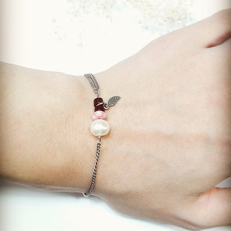 ◎ pearl bracelet*Rhodochrosite*Pomegranate stainless steel single double bracelet - Bracelets - Gemstone 